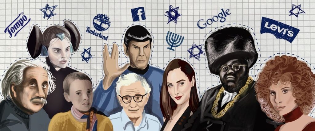 Kollage auf kariertem Papier mit neun Porträts (Frau mit Haarknoten, Mann mit Vulkan‑Gruß, Brille, Pelzmütze) und Markenlogos