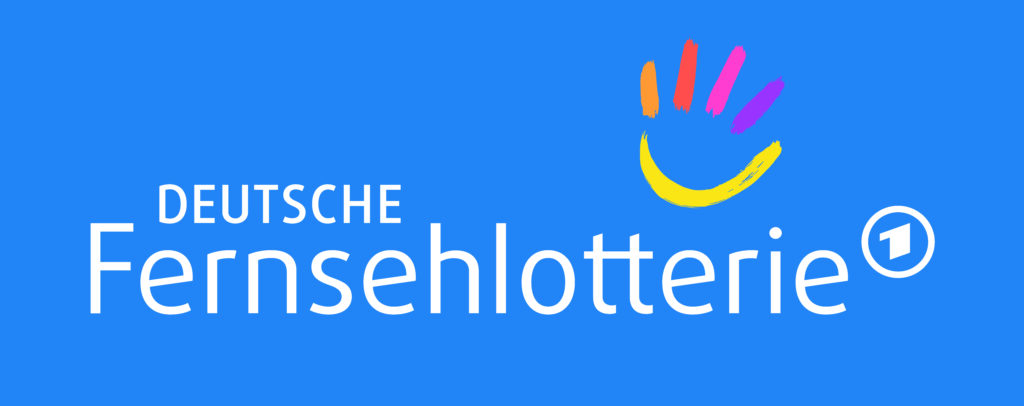 Logo von Deutsche Fernsehlotterie auf blauem Hintergrund mit farbigem Hand-Symbol