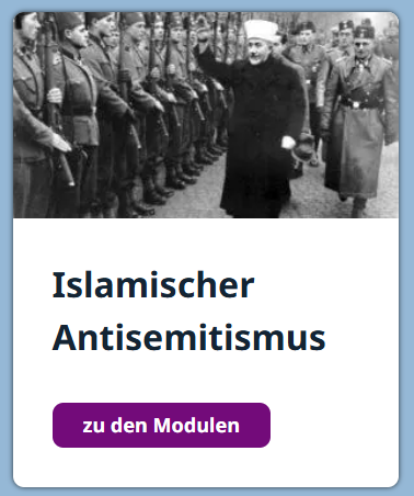 Schwarzweißfoto eines muslimischen Geistlichen vor einer Reihe uniformierter Soldaten; Titel: Islamischer Antisemitismus