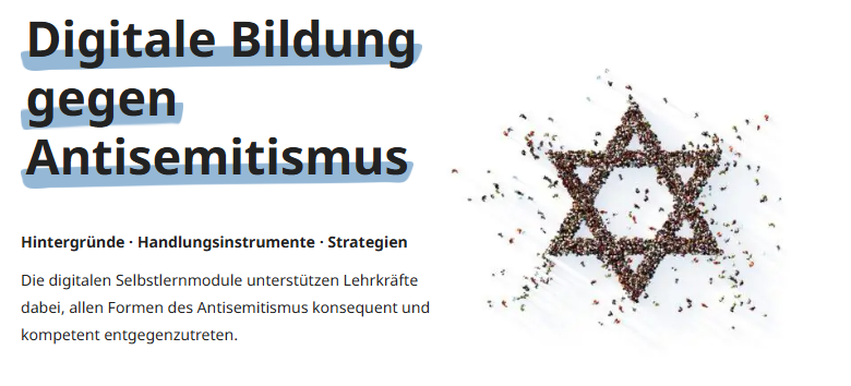 Webseiten-Header mit Titel „Digitale Bildung gegen Antisemitismus“ links und einem Davidstern aus vielen kleinen Menschen rechts.