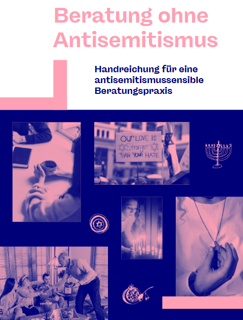 Titelgrafik „Beratung ohne Antisemitismus“ mit Fotos und jüdischen Symbolen auf dunkelblauem Hintergrund
